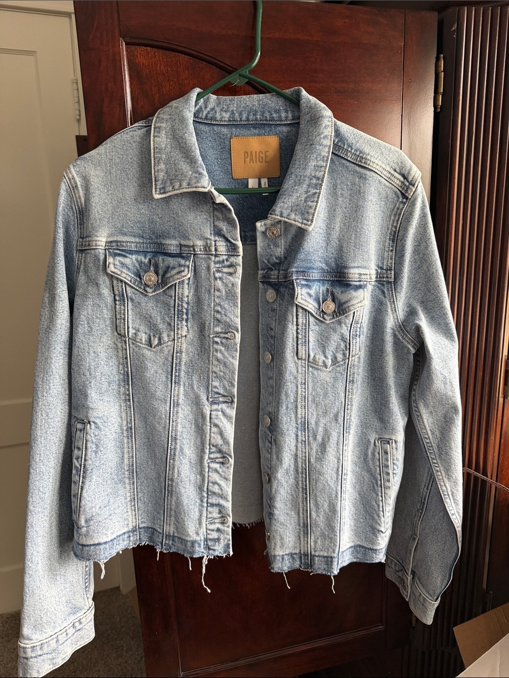 PAIGE Light Blue Washed Denim Jacket with Raw Hem